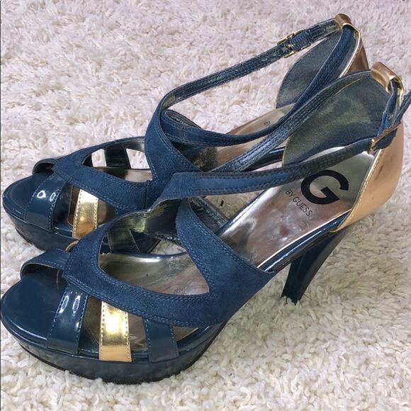 By Guess Blue and Gold Lace Up Heels - Picture 2 of 8